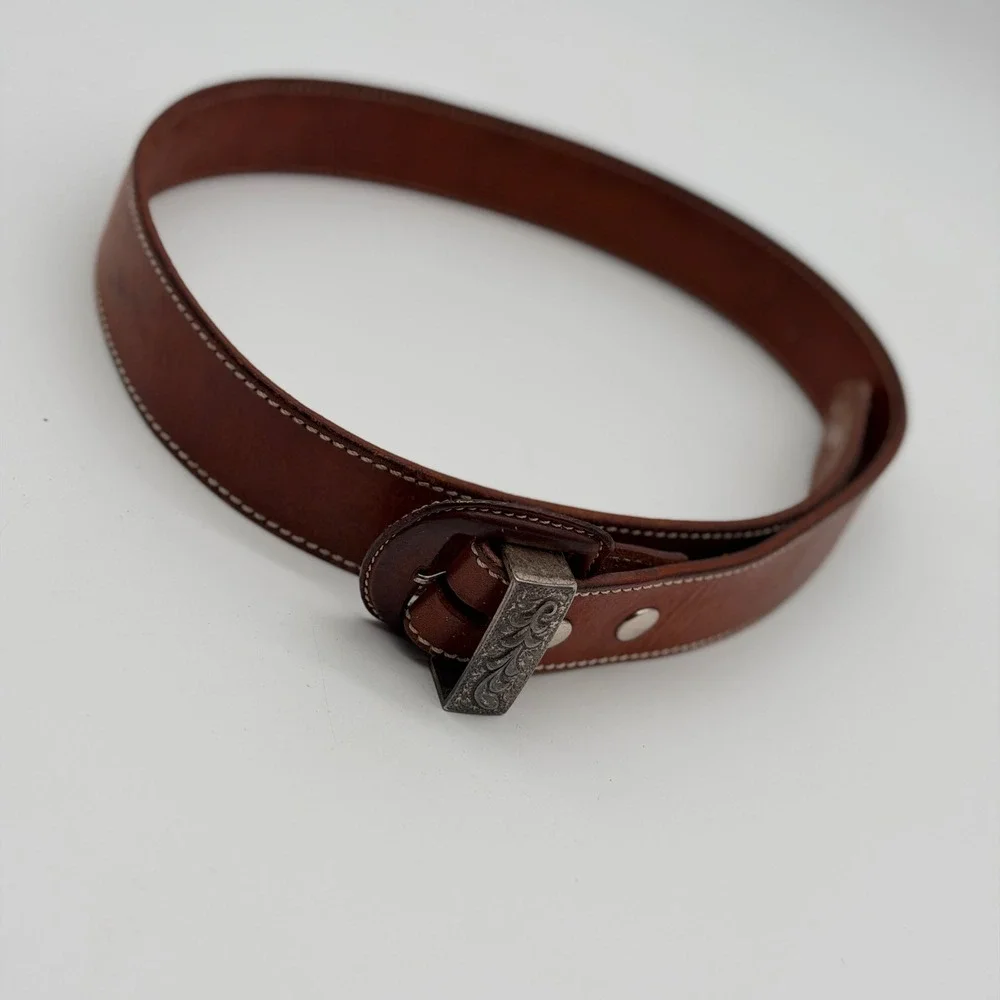 Vintage Hugo Boss Brown Leather Western Ranger Belt Silver Engraved Hardware 85